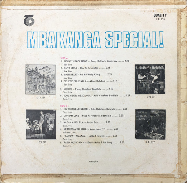 Image of Back Cover of LP - G+/G+ - VARIOUS, Mbakanga Special (Quality; LTJ 233, South Africa 1969, Laminated Flipback Sleeve), Strong G+, light marks only. Sleeve is all intact, but worn with laminate creasing.,  - 3526057E