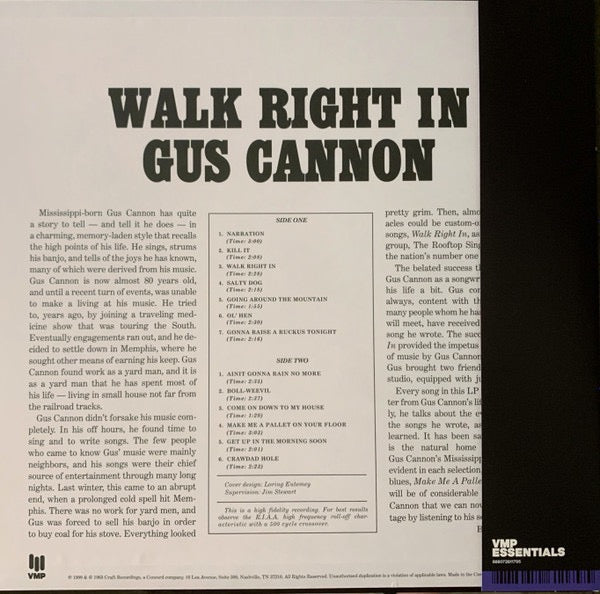 Image of Back Cover of LP - VG+/EX - GUS CANNON, Walk Right In (Stax; 702, US 2024 Reissue, Pasteback Sleeve, Insert, With Obi, Yellow Vinyl), ,  - 3516311C
