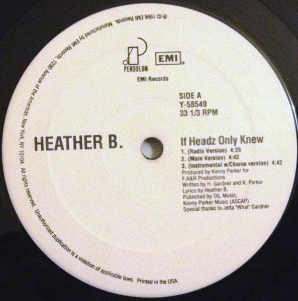 Image of Label Cover of 12" - VG/VG - HEATHER B., If Headz Only Knew... (Pendulum Records; Y-58549, US 1996, Picture Sleeve), Light marks only.,  - 3516233C