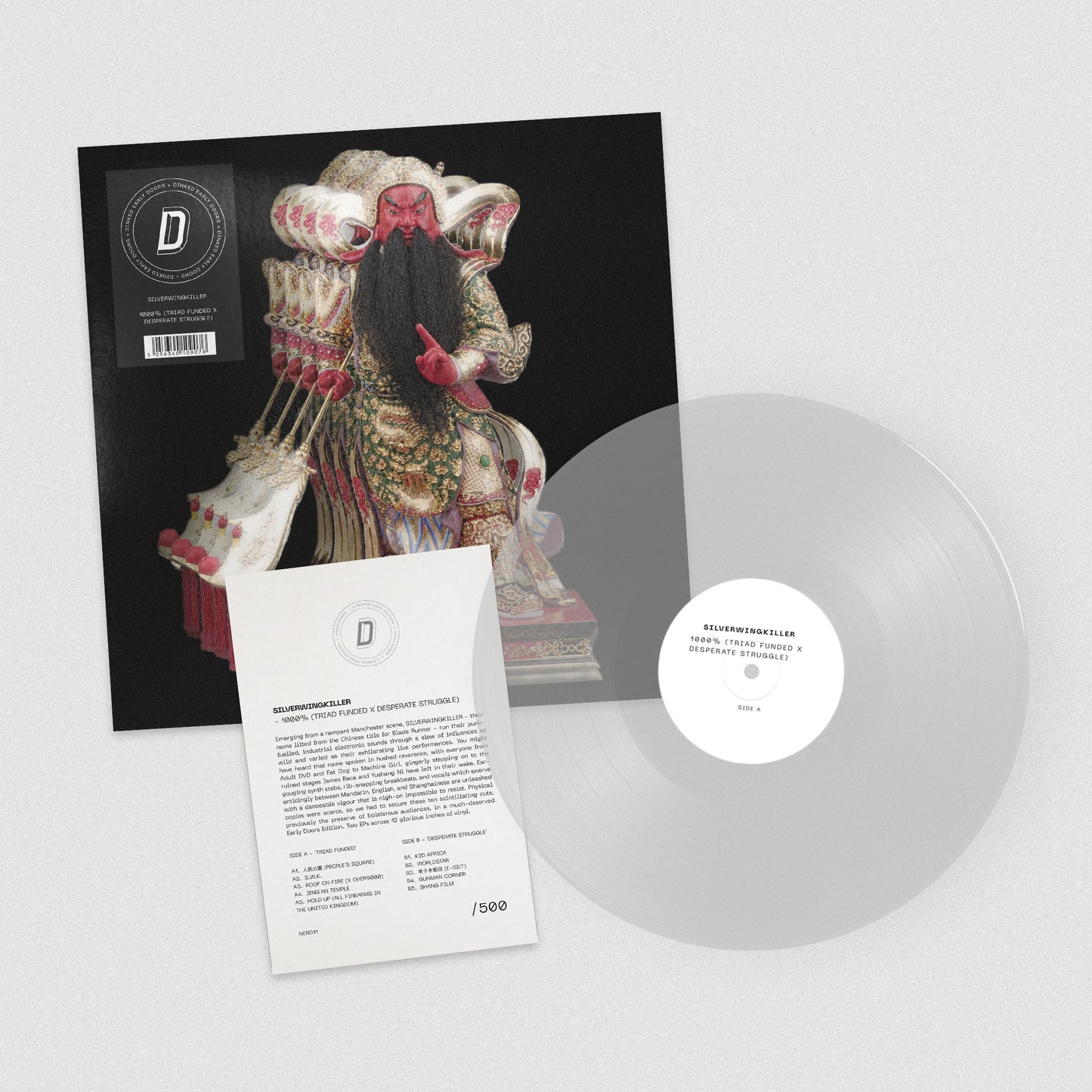 Image of Front Cover of LP - NEW/NEW - SILVERWINGKILLER, 1000% (Triad Funded X Desperate Struggle) (Triad Funded; NERD11, UK 2026, Early Doors No. 11 / Crystal Clear Vinyl / Signed, Numbered & Debossed A5 Insert / Dinked Edition / Limited To 400), , Emerging from Manchester’s underground, Silverwingkiller are a high-energy electronic two-piece made up of Yushang Ni and James Baca. Their sound collides world music influences with analogue arpeggiators, aggressive basslines, frenetic live breakbeats and vocal
