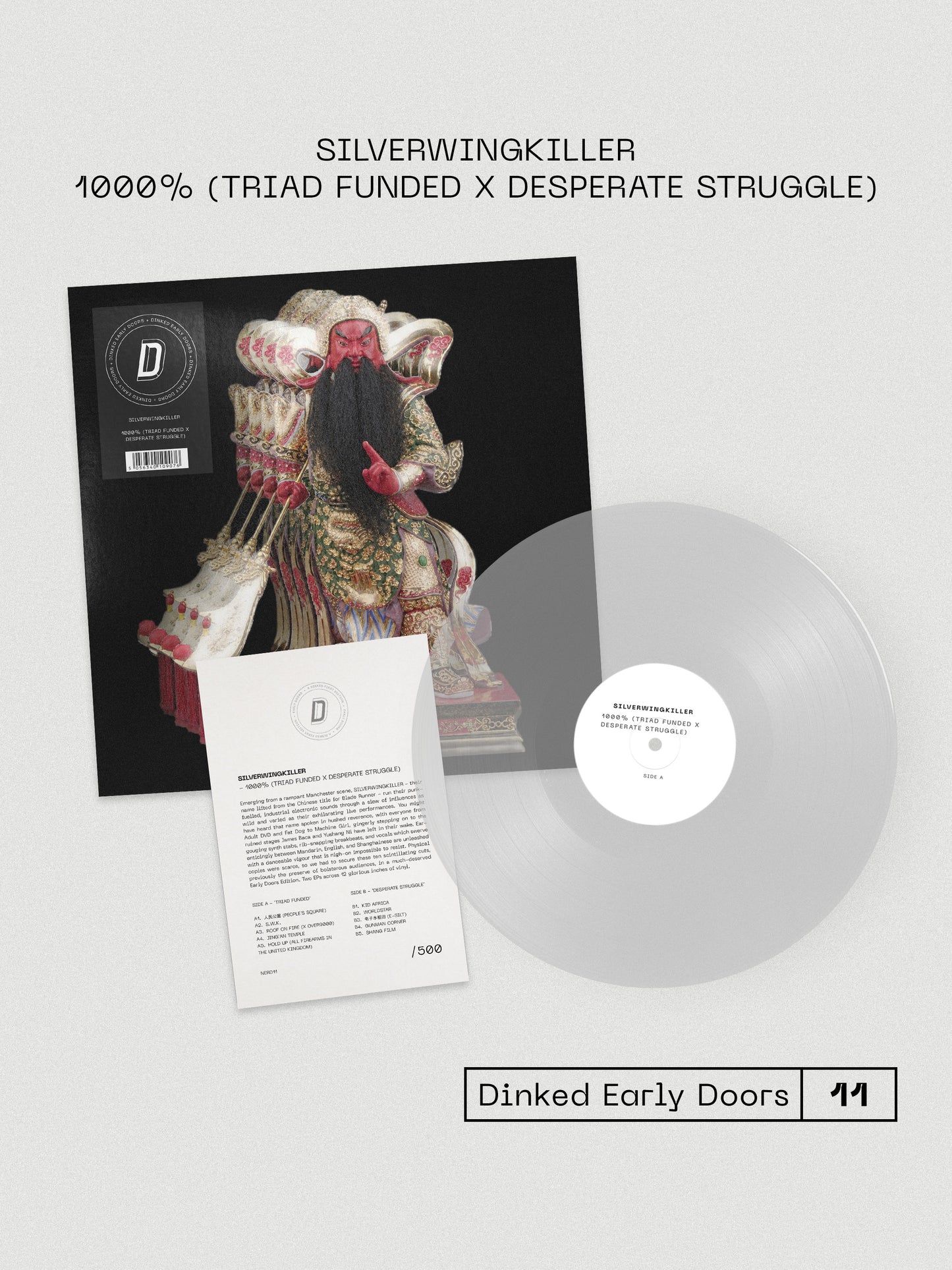 Image of Label Cover of LP - NEW/NEW - SILVERWINGKILLER, 1000% (Triad Funded X Desperate Struggle) (Triad Funded; NERD11, UK 2026, Early Doors No. 11 / Crystal Clear Vinyl / Signed, Numbered & Debossed A5 Insert / Dinked Edition / Limited To 400), , Emerging from Manchester’s underground, Silverwingkiller are a high-energy electronic two-piece made up of Yushang Ni and James Baca. Their sound collides world music influences with analogue arpeggiators, aggressive basslines, frenetic live breakbeats and vocal