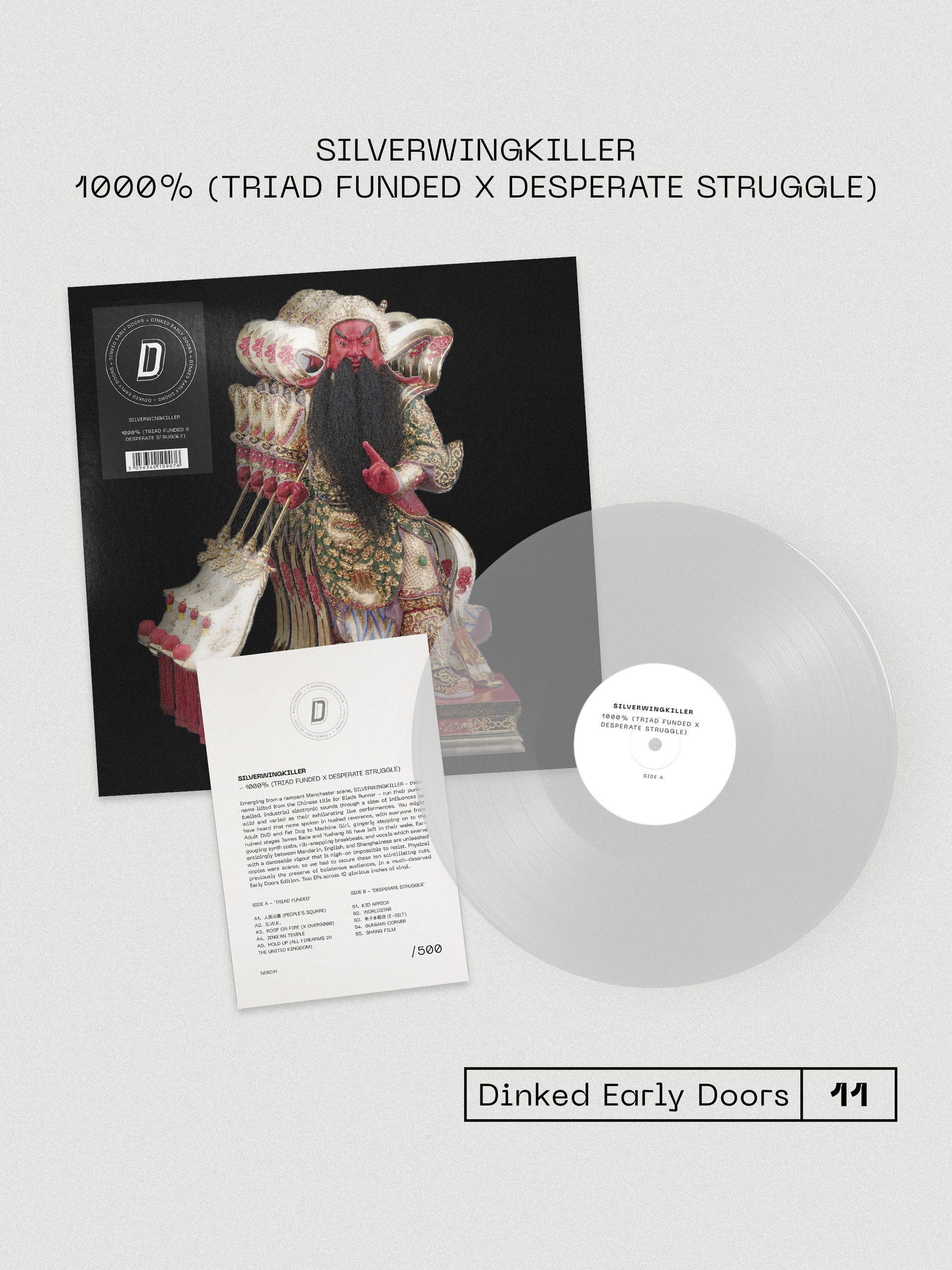 Image of Label Cover of LP - NEW/NEW - SILVERWINGKILLER, 1000% (Triad Funded X Desperate Struggle) (Triad Funded; NERD11, UK 2026, Early Doors No. 11 / Crystal Clear Vinyl / Signed, Numbered & Debossed A5 Insert / Dinked Edition / Limited To 400), , Emerging from Manchester’s underground, Silverwingkiller are a high-energy electronic two-piece made up of Yushang Ni and James Baca. Their sound collides world music influences with analogue arpeggiators, aggressive basslines, frenetic live breakbeats and vocal