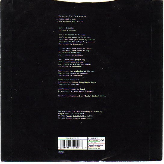 Image of Back Cover of 7" - VG/VG+ - ENIGMA, Return To Innocence (Virgin; DINS 123, UK 1994, Picture Sleeve), ,  - 3516103C