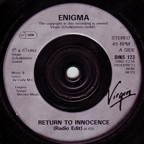 Image of Label Cover of 7" - VG/VG+ - ENIGMA, Return To Innocence (Virgin; DINS 123, UK 1994, Picture Sleeve), ,  - 3516103C