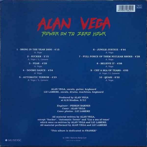 Image of Back Cover of LP - VG/VG - ALAN VEGA, Power On To Zero Hour (Musidisc; 108121, France 1991), Edge Wear, Small Marks On Side 1, Doesn't Affect Play,  - 3546171S