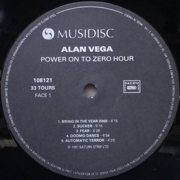 Image of Label Cover of LP - VG/VG - ALAN VEGA, Power On To Zero Hour (Musidisc; 108121, France 1991), Edge Wear, Small Marks On Side 1, Doesn't Affect Play,  - 3546171S