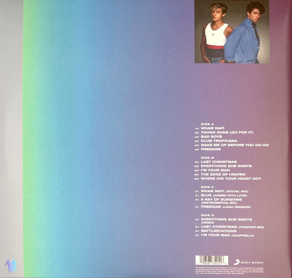 Image of Back Cover of 2xLP - EX/G+ - WHAM!, The Singles (Echoes From The Edge Of Heaven) (Sony Music; 19658735251, Europe 2023, Gatefold, 2 Inners, Violet Neon Vinyl), Unplesant looking manufacturing flaw accross side two but only really noticable between tracks. Still in shrinkwrap.,  - 3516260C