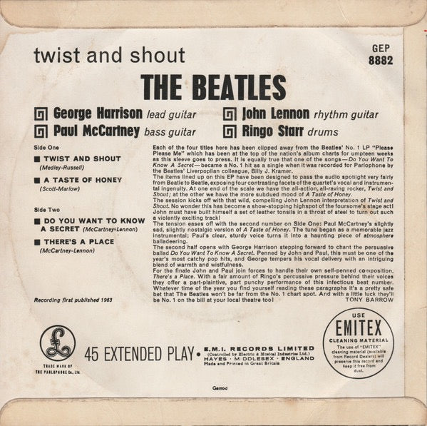 Image of Back Cover of 7" EP - VG/G - THE BEATLES, Twist And Shout (Parlophone Black & Yellow Labels In Sans Serif Font; GEP 8882, UK 1963, Laminated Flipback Sleeve, KT Tax Code Embossed On B Side, 2N/1N Matrices ), Light marks only,  - 3516112C