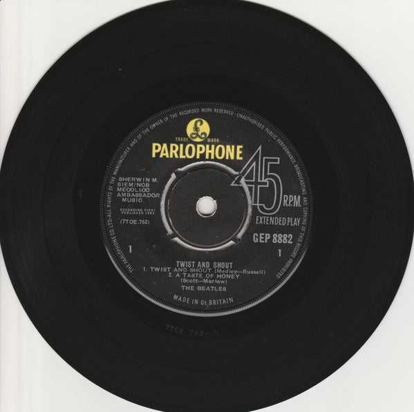 Image of Label Cover of 7" EP - VG/G - THE BEATLES, Twist And Shout (Parlophone Black & Yellow Labels In Sans Serif Font; GEP 8882, UK 1963, Laminated Flipback Sleeve, KT Tax Code Embossed On B Side, 2N/1N Matrices ), Light marks only,  - 3516112C