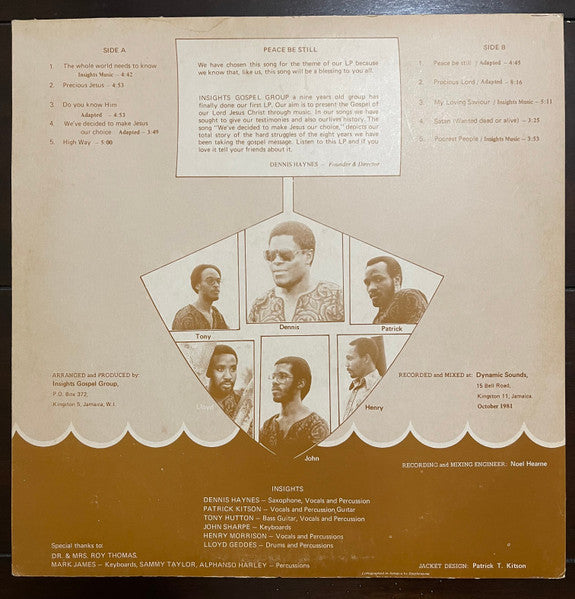Image of Back Cover of LP - G+/G+ - INSIGHTS GOSPEL GROUP, Peace Be Still (Insights; none, Jamaica 1981), Dish Warp. WOL, WOS. Marks on either side, plays with some crackle throughout.,  - 3546180S