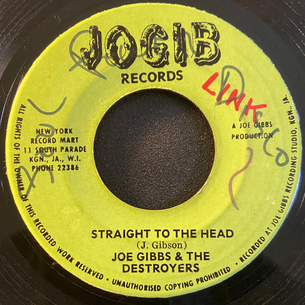Image of Back Cover of 7" - /G - JOE GIBBS & THE DESTROYERS, Navado Joe / Straight To The Head (Jogib Records; none, Jamaica ), Marks on disc. Evidence of previous price sticker on label.,  - 3526138E
