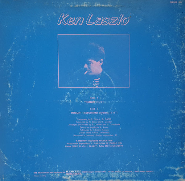 Image of Back Cover of 12" - VG/ - KEN LASZLO, Tonight (Memory Records; MEMIX 035, Italy 1985), ,  - 3546146S