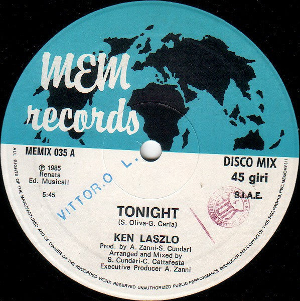 Image of Label Cover of 12" - VG/ - KEN LASZLO, Tonight (Memory Records; MEMIX 035, Italy 1985), ,  - 3546146S