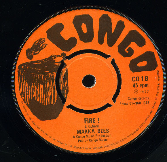 Image of Back Cover of 7" - /G+ - MAKKA BEES, Nation Fiddler / Fire ! (Congo; CO 1, UK 1977, 4 prong centre), marks on disc. Centre in tact.,  - 3526139E
