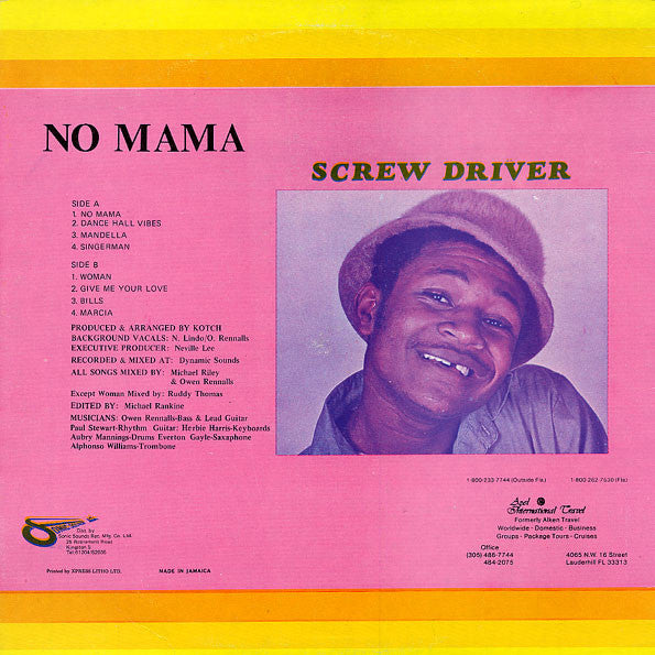 Image of Back Cover of 12" - VG/G - SCREWDRIVER, No Mama (Volcano; none, Jamaica 1987), Light marks only, plays G+/VG,  - 3546147S