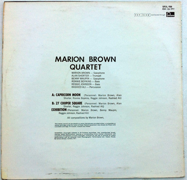 Image of Back Cover of LP - G+/G+ - MARION BROWN QUARTET, Marion Brown Quartet (Fontana; SFJL 930, UK 1967), Marks on either side of disc, with deeper scratches on Side A specifically. There is surface noise throughout, no pops, no skips. Sleeve is stained from storage and has ring wear.,  - 3546185S