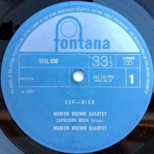 Image of Label Cover of LP - G+/G+ - MARION BROWN QUARTET, Marion Brown Quartet (Fontana; SFJL 930, UK 1967), Marks on either side of disc, with deeper scratches on Side A specifically. There is surface noise throughout, no pops, no skips. Sleeve is stained from storage and has ring wear.,  - 3546185S