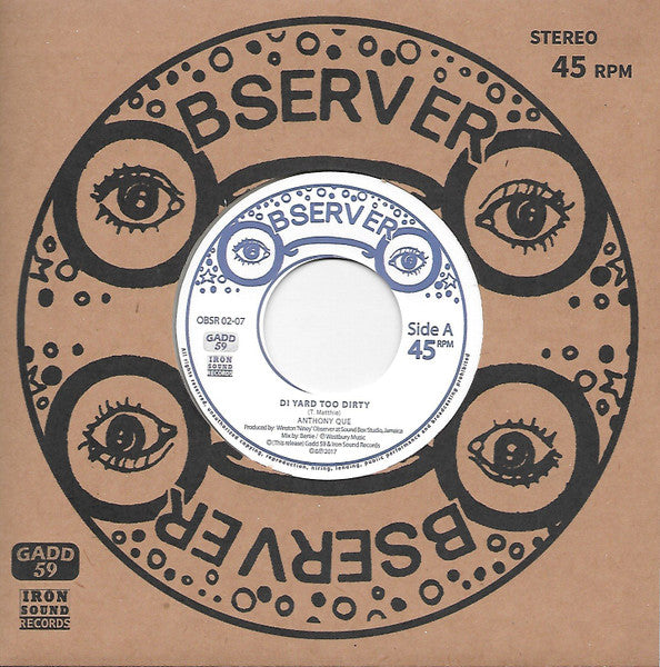 Image of Front Cover of 7" - EX/EX - ANTHONY QUE, Di Yard Too Dirty (Gadd 59 Music; OBSR 02-07, UK 2017, Company Sleeve, Transparent vinyl.), ,  - 3526203E