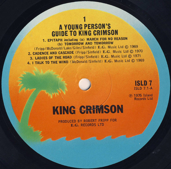 Image of Label Cover of 2xLP - G+/G+ - KING CRIMSON, The Young Persons' Guide To King Crimson (Island Orange Sunset, Blue Rim; ISLD 7, UK 1976, Gatefold, No Booklet), Edge and ring wear. Intact sleeve but small tear on spine. Lots of marks on discs.,  - 3546166S