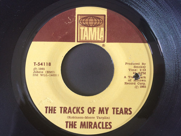 Image of Front Cover of 7" - /VG - THE MIRACLES, The Tracks Of My Tears / A Fork In The Road (Tamla; T-54118, US 1965), Lightest of marks.,  - 3526210E