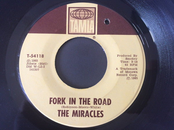 Image of Back Cover of 7" - /VG - THE MIRACLES, The Tracks Of My Tears / A Fork In The Road (Tamla; T-54118, US 1965), Lightest of marks.,  - 3526210E