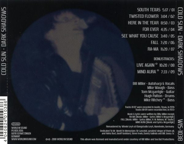 Image of Back Cover of CD - VG+/VG+ - COLD SUN, Dark Shadows (World In Sound; WIS-1038, Germany 2008, Jewel Case), ,  - 3536151E