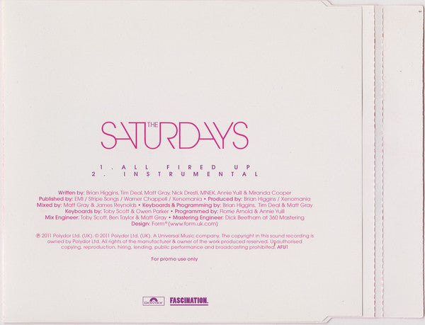 Image of Back Cover of CDs - VG+/VG+ - THE SATURDAYS, All Fired Up (Polydor; AFU1, UK 2011, Promo, CD Single Case), Plugger's sticker on rear of case.,  - 3516418C