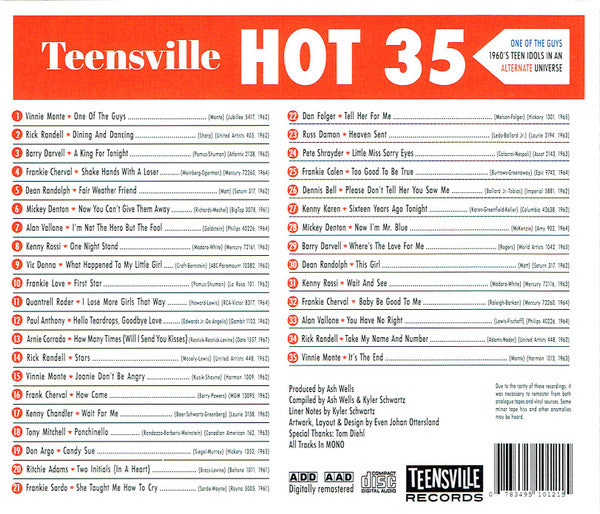Image of Back Cover of CD - VG+/VG+ - VARIOUS, One Of The Guys (1960's Teen Idols In An Alternate Universe) (Teensville Records; TV1056, Australia 2022, Jewel Case, Mono), ,  - 3516419C