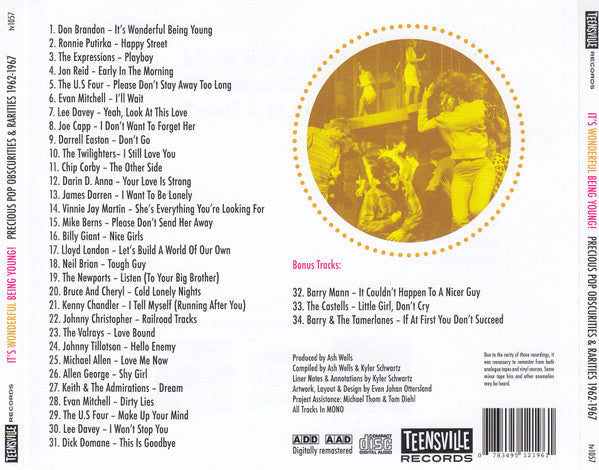 Image of Back Cover of CD - VG+/VG+ - VARIOUS, It's Wonderful Being Young! (Precious Pop Obscurities & Rarities 1962-1967) (Teensville Records; TV1057, Australia 2022, Jewel Case, Mono), ,  - 3516420C