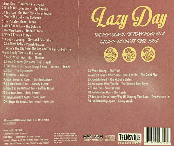 Image of Back Cover of CD - VG+/VG+ - VARIOUS, Lazy Day (The Pop Songs Of Tony Powers & George Fischoff (1965-1968)) (Teensville Records; tv1044, Australia 2020, Jewel Case), ,  - 3516421C