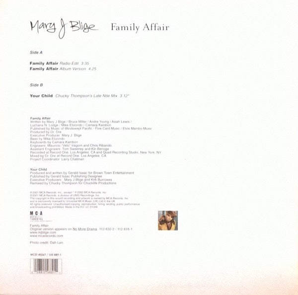 Image of Back Cover of 12" - VG+/VG - MARY J BLIGE, Family Affair (MCA Records; MCST 40267, UK 2001, Picture Sleeve), Strong VG.,  - 3516462C
