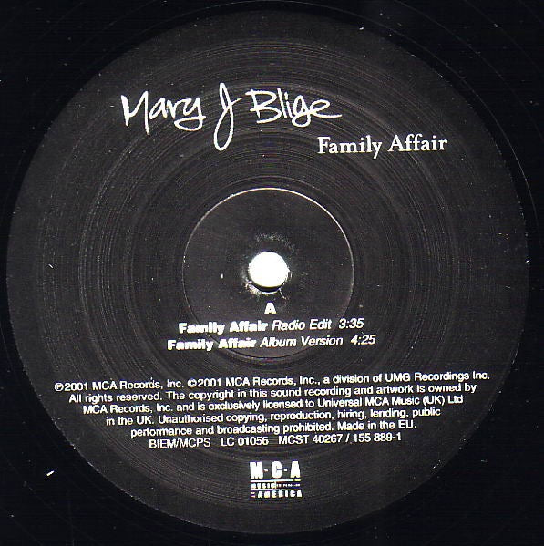Image of Label Cover of 12" - VG+/VG - MARY J BLIGE, Family Affair (MCA Records; MCST 40267, UK 2001, Picture Sleeve), Strong VG.,  - 3516462C