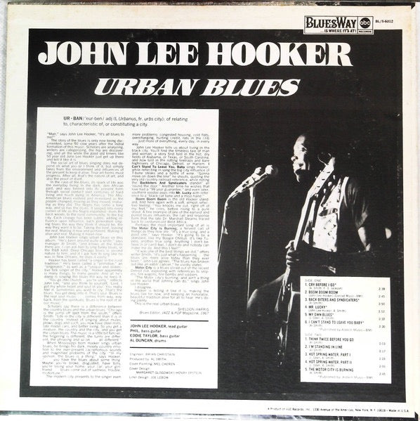 Image of Back Cover of LP - VG/VG - JOHN LEE HOOKER, Urban Blues (Bluesway; BLS-6012, US 1970 Reissue, Pasteback Sleeve, Company Inner), Cut-out (Hole punched) + edge wear. A few light marks to disc. Solid copy!,  - 3516463C