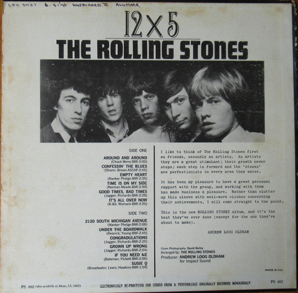 Image of Back Cover of LP - VG/VG - THE ROLLING STONES, 12 X 5 (London Records Boxed Logo with No Rim Text; PS 402, US Reissue, Bestway Pressing, Stereo, No Electronically Reprocessed on Front Sleeve), ,  - 3526185E