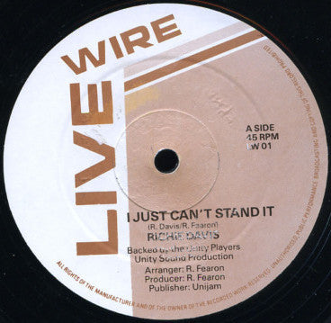 Image of Front Cover of 12" - /VG+ - RICHIE DAVIS, I Just Can't Stand It / Weh Dem A Do (Live Wire; LW 01, UK ), ,  - 3546261S