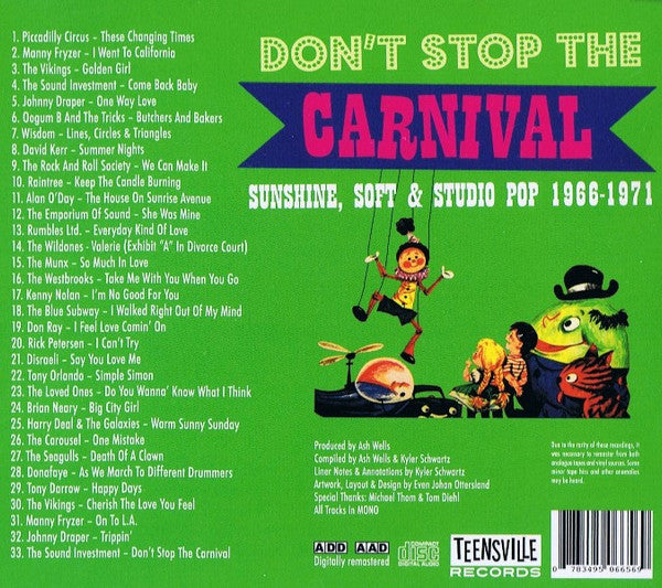 Image of Back Cover of CD - VG+/VG+ - VARIOUS, Don't Stop The Carnival (Sunshine, Soft & Studio Pop 1966-1971) (Teensville Records; tv1055, Australia 2022, Jewel Case, Mono), ,  - 3516477C