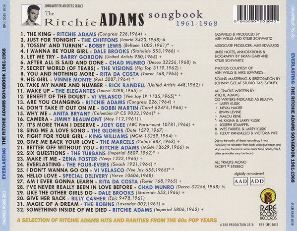 Image of Back Cover of CD - VG+/VG+ - VARIOUS, Everlasting The Ritchie Adams Songbook 1961-1968 (Rare Rockin' Records; RRR SMS 1038, Australia 2016, Jewel Case), ,  - 3516479C