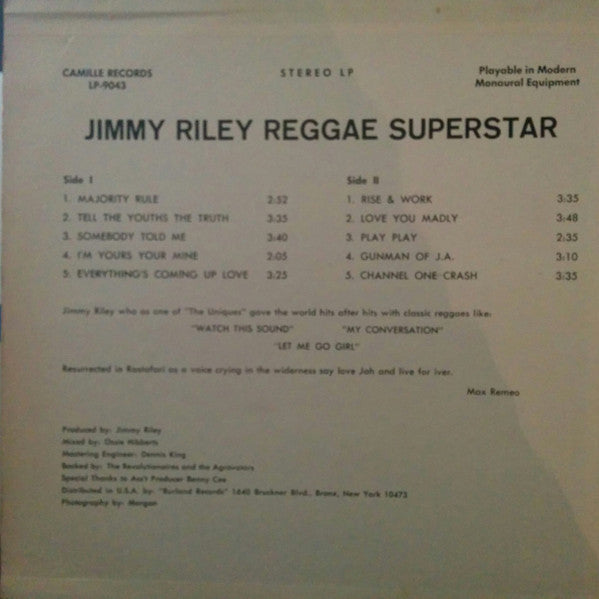 Image of Back Cover of LP - G+/VG - JIMMY RILEY, Reggae Super Star (Camille Records; LP-9043, US 1978, Pasteback Sleeve), Light marks only, plays fine. Sleeve has biro on back, spine is partially split.,  - 3516519C
