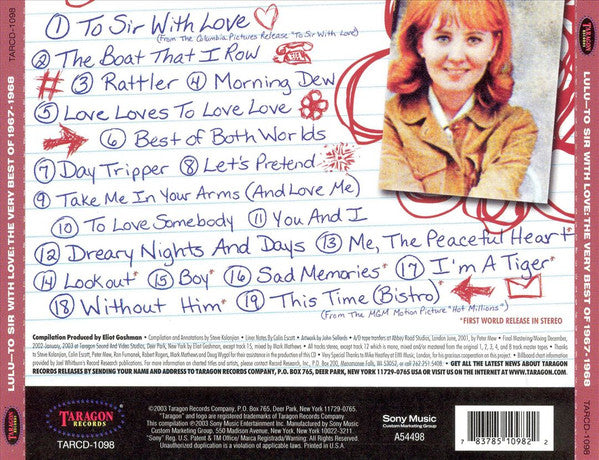 Image of Back Cover of CD - VG+/VG+ - LULU, To Sir With Love: The Very Best Of 1967-1968 (Taragon Records; TARCD-1098, US 2003, Jewel Case), ,  - 3516481C