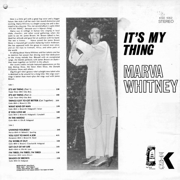 Image of Back Cover of LP - G+/VG - MARVA WHITNEY, It's My Thing (King Records; KSD 1062, US 1969, Picture Sleeve), Shelf wear to sleeve & WOS. Sticker residue & a 6 cm seem split.,  - 3526071E