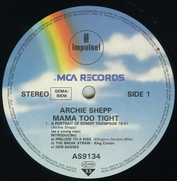 Image of Label Cover of LP - VG/VG+ - ARCHIE SHEPP, Mama Too Tight (Impulse!; AS-9134, Germany Reissue, Gatefold), Sleeve is notched. Record is in great condition,  - 3526265E