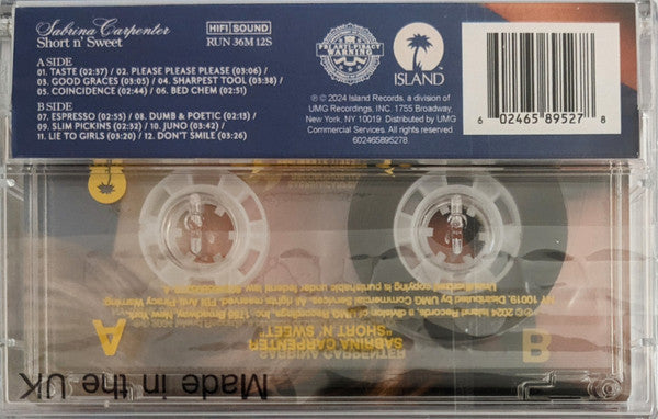 Image of Back Cover of Cassette - NEW/NEW - SABRINA CARPENTER, Short N' Sweet (Island Records; 602465895278, UK 2024, J-Card, Yellow Print On Clear Shell), ,  - 3516550C