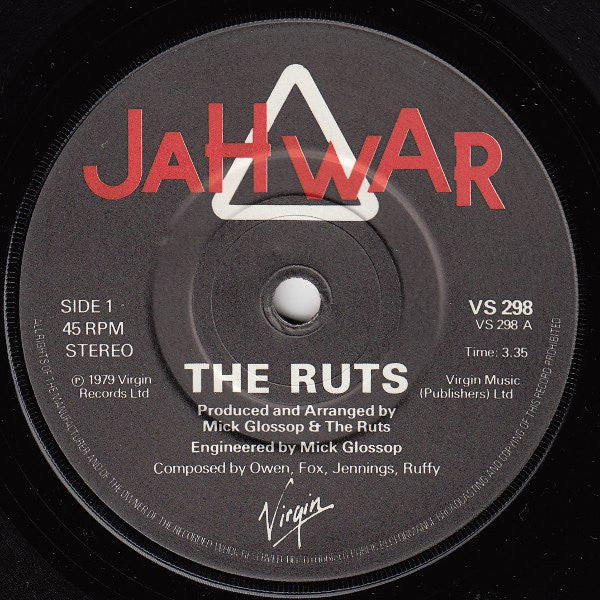 Image of Label Cover of 7" - VG/VG - RUTS*, Jah War (Virgin; VS 298, UK 1979, Picture Sleeve), Strong VG sleeve with minor edge wear. A few light unfeelable marks on disc.,  - 3556192S