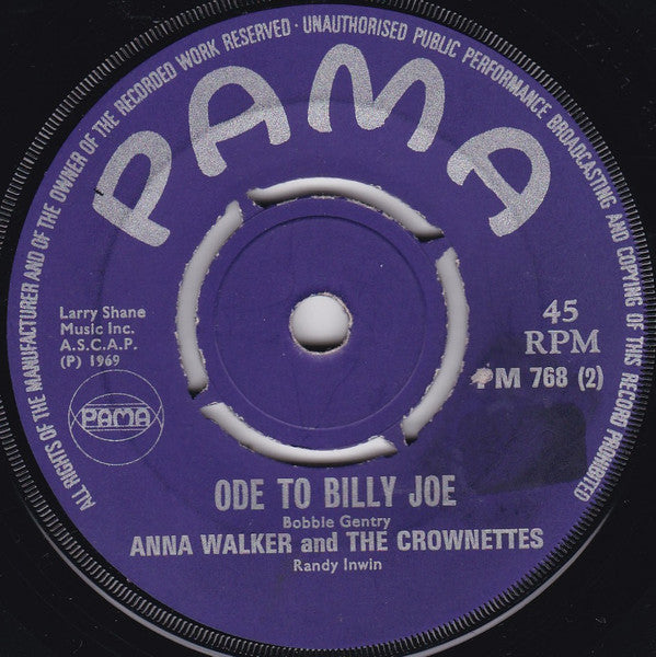 Image of Back Cover of 7" - /VG+ - ANNA WALKER AND THE CROWNETTES, You Don't Know / Ode To Billy Joe (Pama Records; PM 768, UK 1969), Light marks.,  - 3526259E