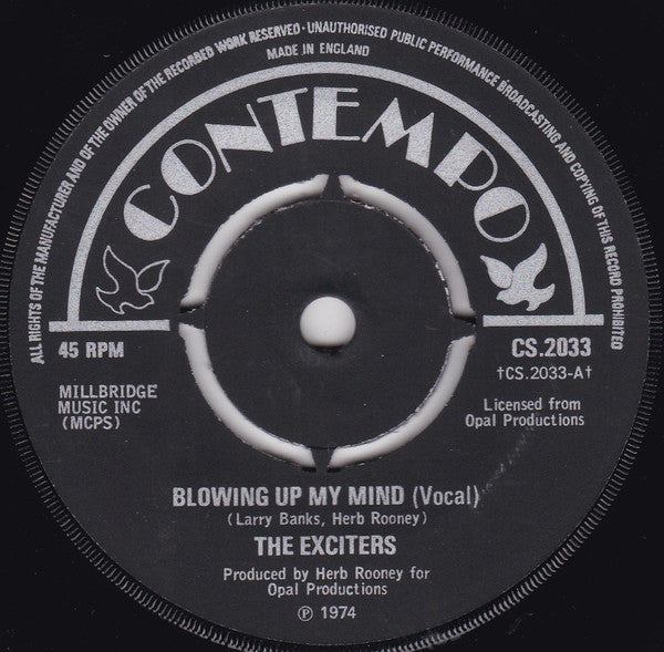 Image of Back Cover of 7" - VG/VG+ - EXCITERS, Blowing Up My Mind (Contempo; CS.2033, UK 1974, Company Sleeve, 1974 version), Lightest of marks. Small tear on sleeve.,  - 3526271E