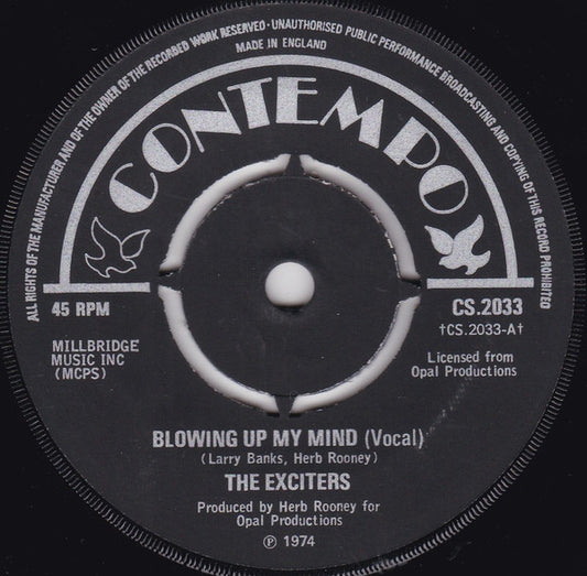 Image of Back Cover of 7" - VG/VG+ - EXCITERS, Blowing Up My Mind (Contempo; CS.2033, UK 1974, Company Sleeve, 1974 version), Lightest of marks. Small tear on sleeve.,  - 3526271E