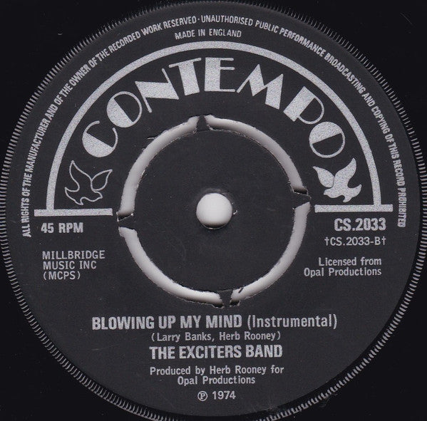 Image of Label Cover of 7" - VG/VG+ - EXCITERS, Blowing Up My Mind (Contempo; CS.2033, UK 1974, Company Sleeve, 1974 version), Lightest of marks. Small tear on sleeve.,  - 3526271E