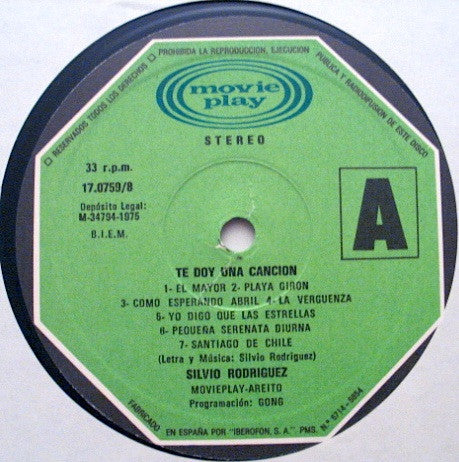 Image of Label Cover of LP - VG/VG - SILVIO RODR GUEZ, Te Doy Una Cancion (Movieplay; 170759/8, Spain 1975), ,  - 3526295E
