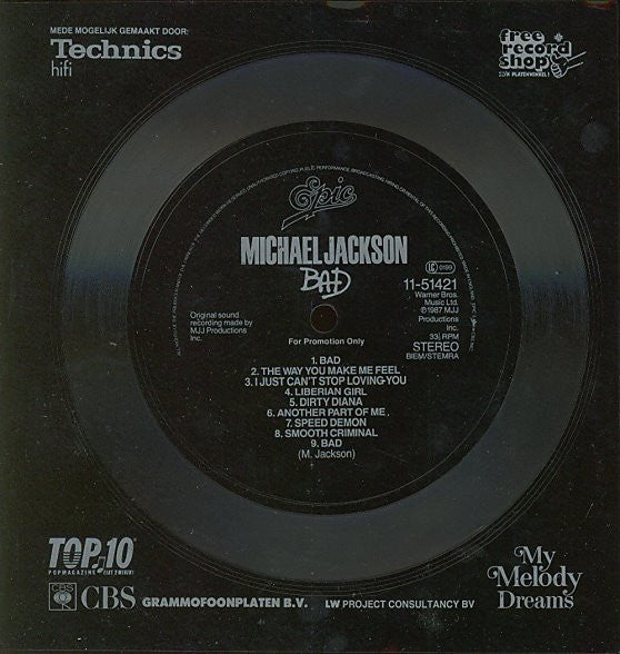 Image of Front Cover of 7" - /VG+ - MICHAEL JACKSON, Bad (Epic; 11-51421, Netherlands 1987, Flexi disc), No dents on disc., 1-1 - Bad1-2 - The Way You Make Me Feel1-3 - I Just Can't Stop Loving You1-4 - Liberian Girl1-5 - Dirty Diana1-6 - Another Part Of Me1-7 - Speed Demon1-8 - Smooth Criminal1-9 - Bad - 3526273E