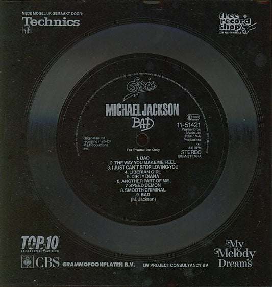 Image of Front Cover of 7" - /VG+ - MICHAEL JACKSON, Bad (Epic; 11-51421, Netherlands 1987, Flexi disc), No dents on disc., 1-1 - Bad1-2 - The Way You Make Me Feel1-3 - I Just Can't Stop Loving You1-4 - Liberian Girl1-5 - Dirty Diana1-6 - Another Part Of Me1-7 - Speed Demon1-8 - Smooth Criminal1-9 - Bad - 3526273E